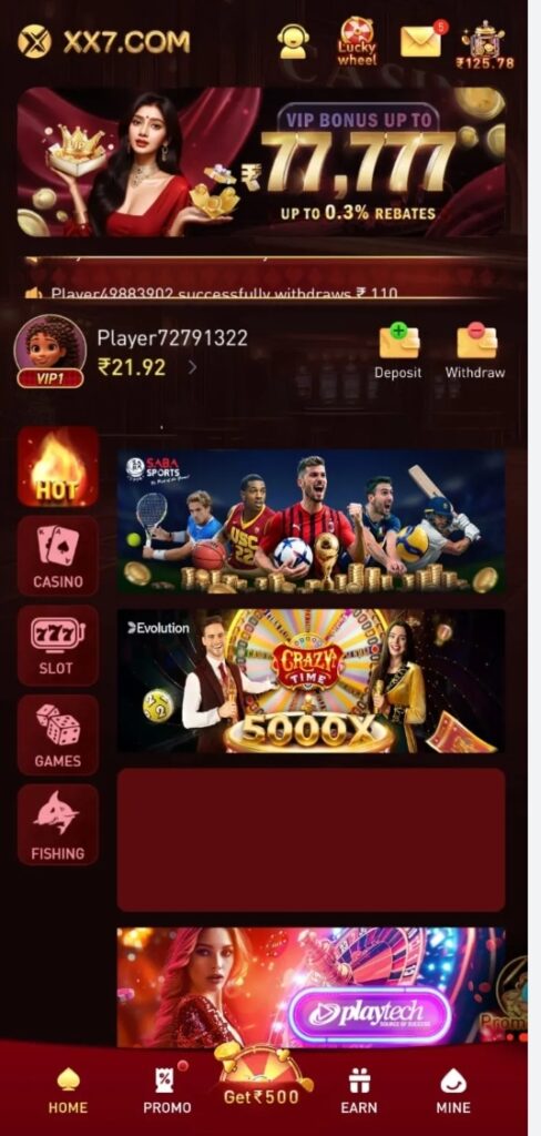 XX7Game mobile app interface displayed on a smartphone with gaming features and navigation menu.